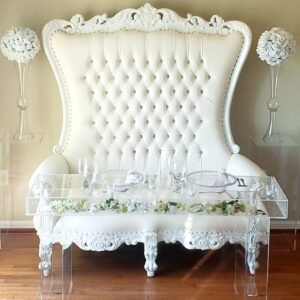 Throne Loveseat, acrylic pillar stands & sweetheart table 60”, Clear vase Lantour centerpieces 29”